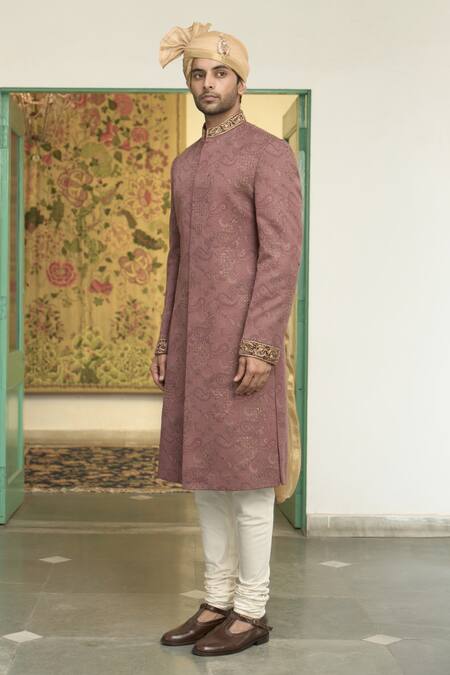 Buy_Gargee Designers_Pink Polyester, Wool Gulbaag Dilkash Woven Paisley Sherwani Churidar Set _Online_at_Aza_Fashions