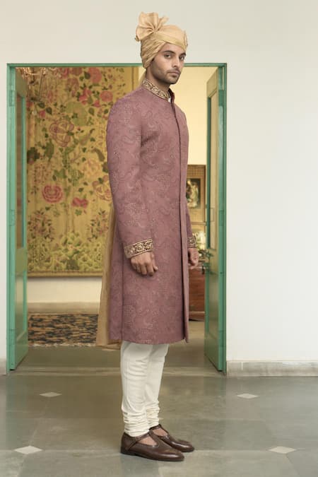 Shop_Gargee Designers_Pink Polyester, Wool Gulbaag Dilkash Woven Paisley Sherwani Churidar Set _Online_at_Aza_Fashions