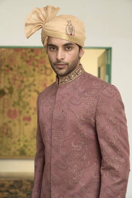 Gargee Designers_Pink Polyester, Wool Gulbaag Dilkash Woven Paisley Sherwani Churidar Set _at_Aza_Fashions