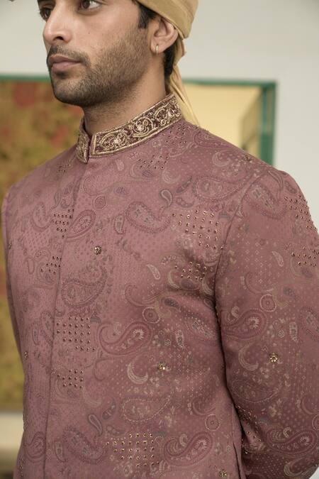 Buy_Gargee Designers_Pink Polyester, Wool Gulbaag Dilkash Woven Paisley Sherwani Churidar Set 