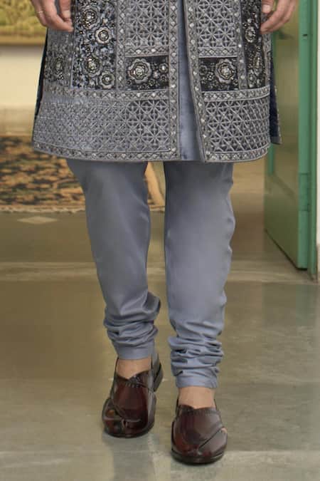 Gargee Designers Blue Velvet, Cotton Stones, Embroidery Neeli Booti Sherwani Churidar Set Online at Aza Fashions Gargee Designers_Blue Velvet, Cotton Stones, Embroidery Neeli Booti Sherwani Churidar Set _Online_at_Aza_Fashions