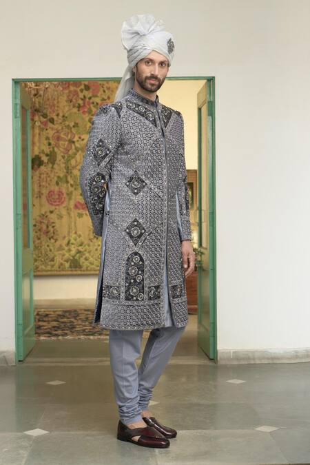 Buy Gargee Designers Blue Velvet, Cotton Stones, Embroidery Neeli Booti Sherwani Churidar Set Online at Aza Fashions Buy_Gargee Designers_Blue Velvet, Cotton Stones, Embroidery Neeli Booti Sherwani Churidar Set _Online_at_Aza_Fashions