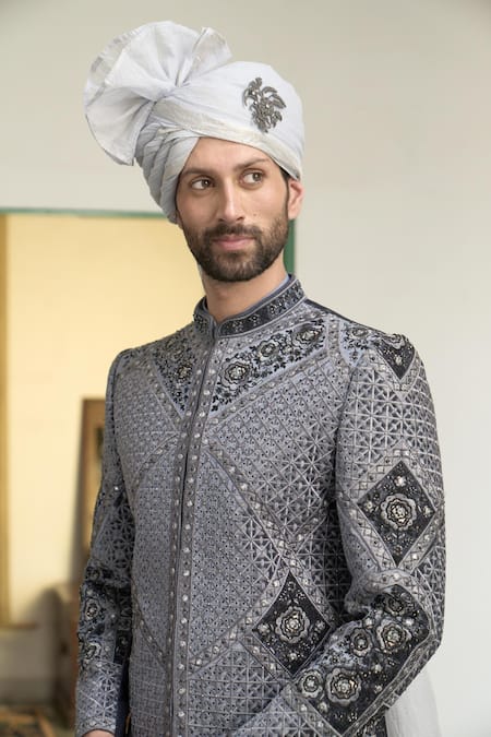 Shop Gargee Designers Blue Velvet, Cotton Stones, Embroidery Neeli Booti Sherwani Churidar Set Online at Aza Fashions Shop_Gargee Designers_Blue Velvet, Cotton Stones, Embroidery Neeli Booti Sherwani Churidar Set _Online_at_Aza_Fashions