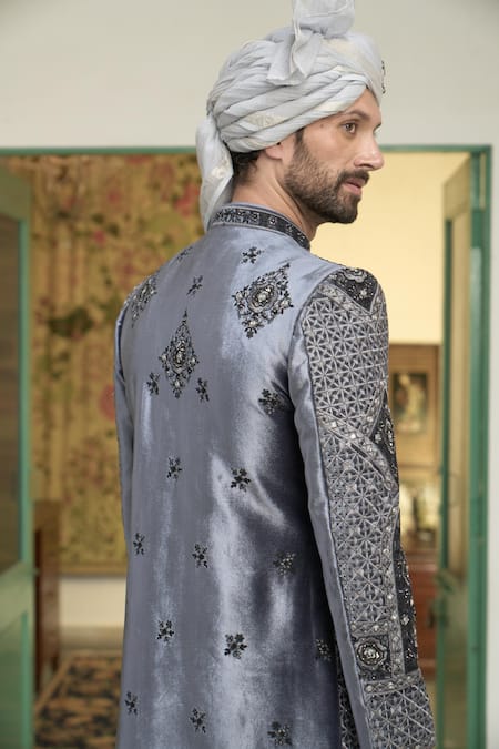 Gargee Designers Blue Velvet, Cotton Stones, Embroidery Neeli Booti Sherwani Churidar Set at Aza Fashions Gargee Designers_Blue Velvet, Cotton Stones, Embroidery Neeli Booti Sherwani Churidar Set _at_Aza_Fashions