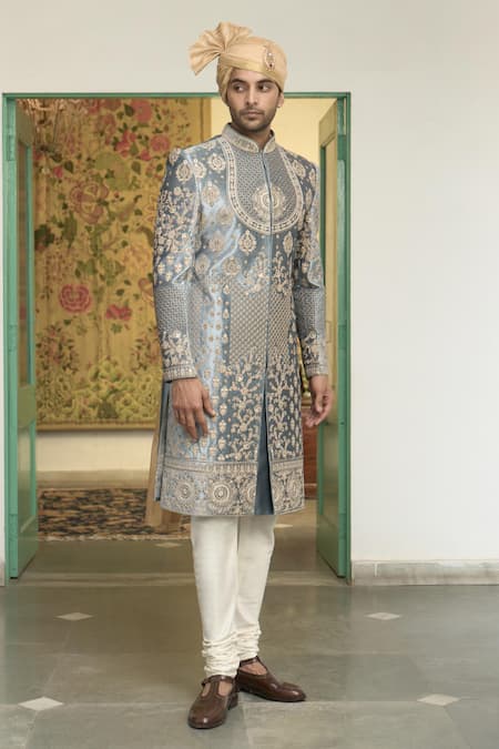 Gargee Designers Blue Velvet Embroidered Zari Jaituni Aala Sherwani Churidar Set 