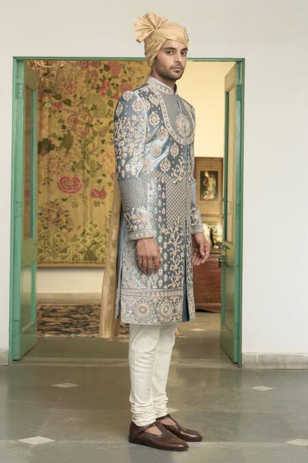 Buy_Gargee Designers_Blue Velvet, Cotton Zari, Stones Jaituni Aala Embroidered Sherwani Churidar Set_Online_at_Aza_Fashions