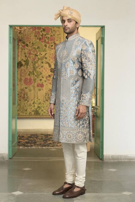 Shop_Gargee Designers_Blue Velvet, Cotton Zari, Stones Jaituni Aala Embroidered Sherwani Churidar Set_Online_at_Aza_Fashions