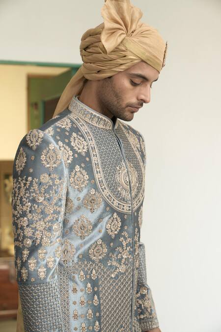 Gargee Designers_Blue Velvet, Cotton Zari, Stones Jaituni Aala Embroidered Sherwani Churidar Set_at_Aza_Fashions