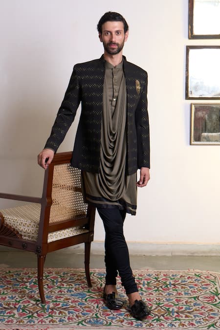 Gargee Designers Black Polyester Lazer Cut Bandhgala Geometric Gulghast Zain Churidar Set 