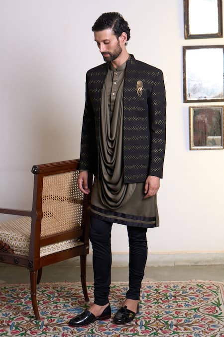 Gargee Designers_Black Polyester Gulghast Zain Bandhgala Churidar Set _Online_at_Aza_Fashions