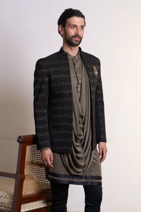 Shop_Gargee Designers_Black Polyester Gulghast Zain Bandhgala Churidar Set _Online_at_Aza_Fashions
