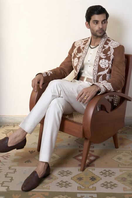 Buy_Gargee Designers_Brown Suede, , Silk, Satin Dahliya Ashvath Bandhgala Pant Set _Online_at_Aza_Fashions