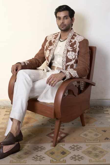 Shop_Gargee Designers_Brown Suede, , Silk, Satin Dahliya Ashvath Bandhgala Pant Set _Online_at_Aza_Fashions