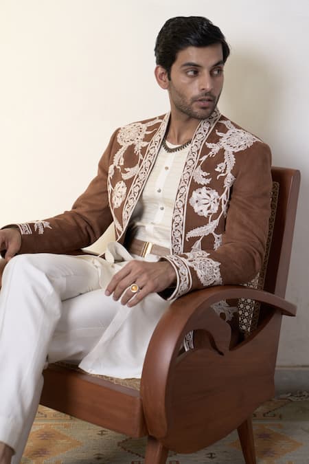 Gargee Designers_Brown Suede, , Silk, Satin Dahliya Ashvath Bandhgala Pant Set _at_Aza_Fashions