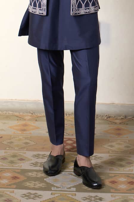 Gargee Designers_Blue Suede, Cotton, Silk Embroidery Jamuni Imam Bandhgala Pant Set _Online_at_Aza_Fashions