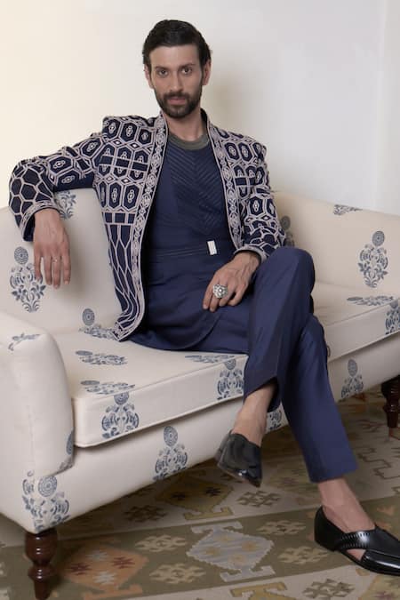 Buy_Gargee Designers_Blue Suede, Cotton, Silk Embroidery Jamuni Imam Bandhgala Pant Set _Online_at_Aza_Fashions