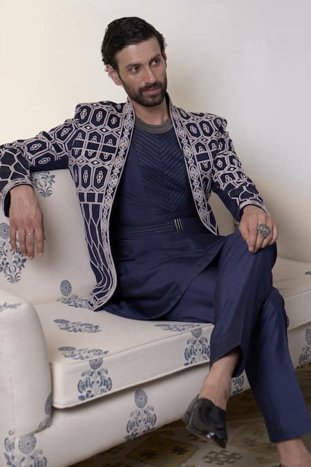 Shop_Gargee Designers_Blue Suede, Cotton, Silk Embroidery Jamuni Imam Bandhgala Pant Set _Online_at_Aza_Fashions