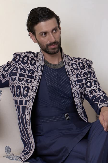 Gargee Designers_Blue Suede, Cotton, Silk Embroidery Jamuni Imam Bandhgala Pant Set _at_Aza_Fashions