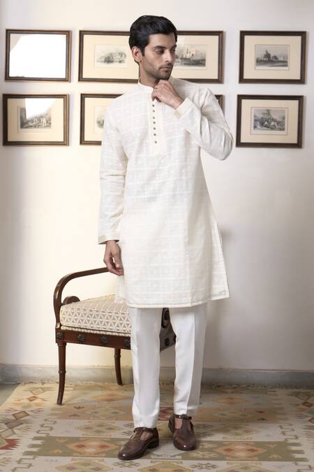 Gargee Designers_Ivory Cotton, Silk Embroidery Mogra Chaand Bandhgala Pant Set _Online_at_Aza_Fashions