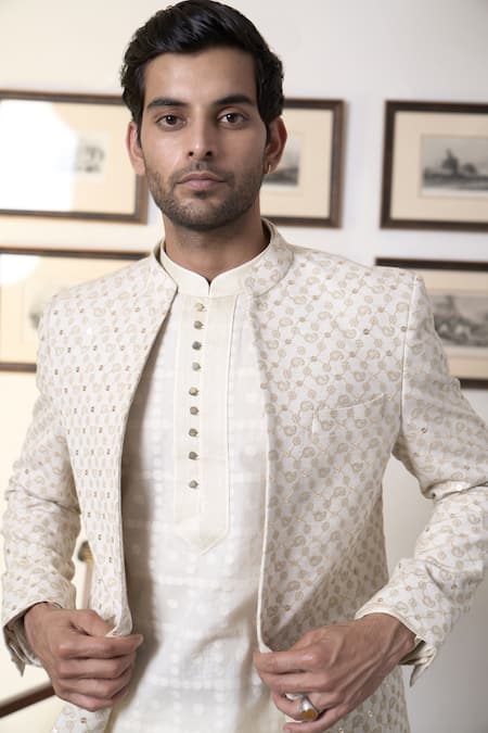 Shop_Gargee Designers_Ivory Cotton, Silk Embroidery Mogra Chaand Bandhgala Pant Set _Online_at_Aza_Fashions