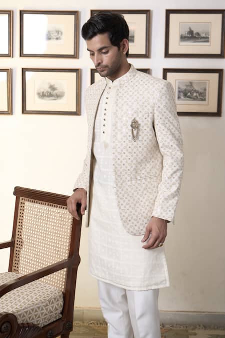 Gargee Designers_Ivory Cotton, Silk Embroidery Mogra Chaand Bandhgala Pant Set _at_Aza_Fashions