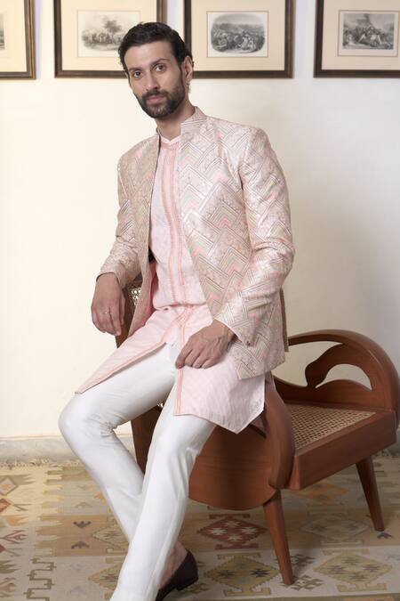 Shop Gargee Designers Pink Polyester, Silk Embroidery Gulaabhar Shabnam Bandhgala Pant Set Online at Aza Fashions Shop_Gargee Designers_Pink Polyester, Silk Embroidery Gulaabhar Shabnam Bandhgala Pant Set _Online_at_Aza_Fashions