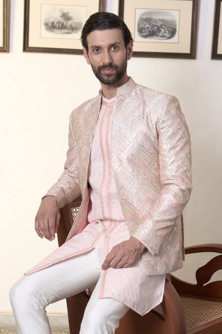 Gargee Designers Pink Polyester, Silk Embroidery Gulaabhar Shabnam Bandhgala Pant Set at Aza Fashions Gargee Designers_Pink Polyester, Silk Embroidery Gulaabhar Shabnam Bandhgala Pant Set _at_Aza_Fashions