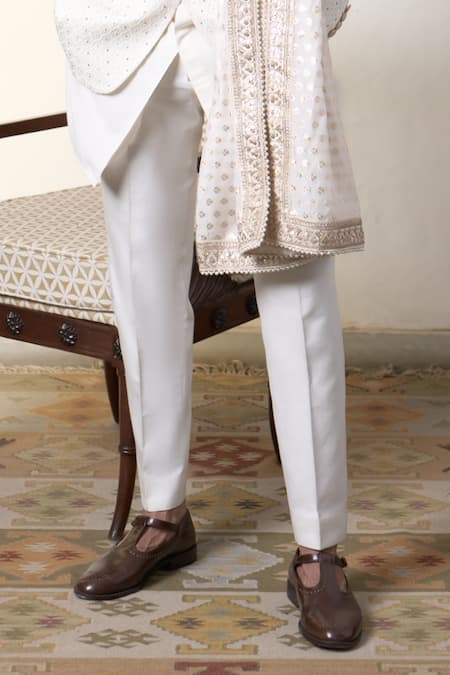 Buy_Gargee Designers_Ivory Polyester, Jacquard Embroidery Swetah Karam Bandhgala Pant Set _Online_at_Aza_Fashions