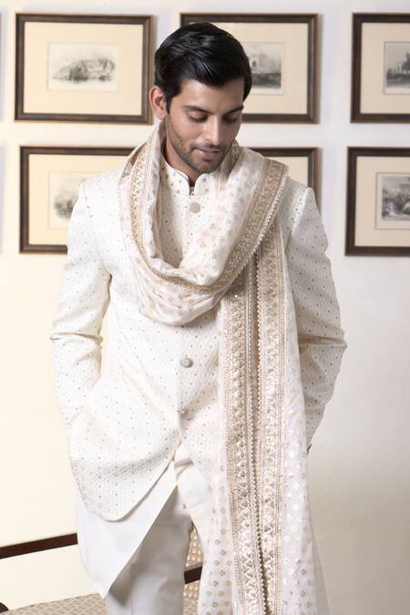 Shop_Gargee Designers_Ivory Polyester, Jacquard Embroidery Swetah Karam Bandhgala Pant Set _Online_at_Aza_Fashions