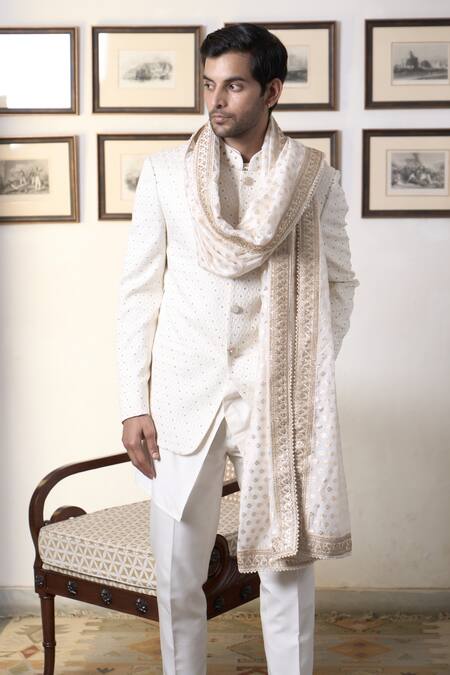 Gargee Designers_Ivory Polyester, Jacquard Embroidery Swetah Karam Bandhgala Pant Set _at_Aza_Fashions