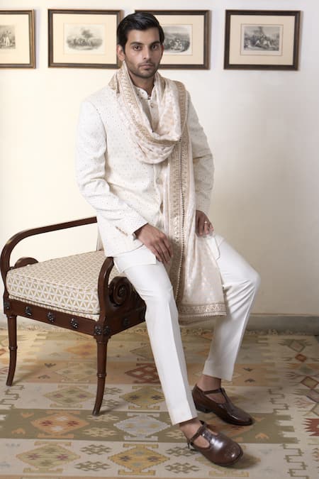 Buy_Gargee Designers_Ivory Polyester, Jacquard Embroidery Swetah Karam Bandhgala Pant Set 