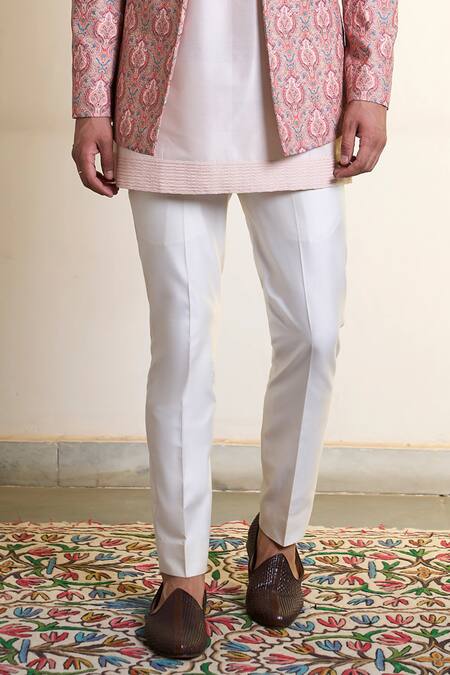 Gargee Designers_Peach Polyester, Cotton Embroidery Gulbaag Imam Bandhgala Pant Set _Online_at_Aza_Fashions
