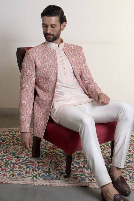 Buy_Gargee Designers_Peach Polyester, Cotton Embroidery Gulbaag Imam Bandhgala Pant Set _Online_at_Aza_Fashions