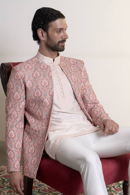 Shop_Gargee Designers_Peach Polyester, Cotton Embroidery Gulbaag Imam Bandhgala Pant Set _Online_at_Aza_Fashions