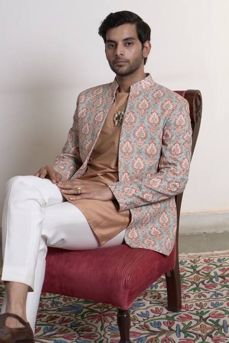 Buy_Gargee Designers_Green Polyester, Cotton Embroidery Dahliya Mehtaab Bandhgala Pant Set _Online_at_Aza_Fashions