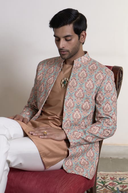 Shop_Gargee Designers_Green Polyester, Cotton Embroidery Dahliya Mehtaab Bandhgala Pant Set _Online_at_Aza_Fashions