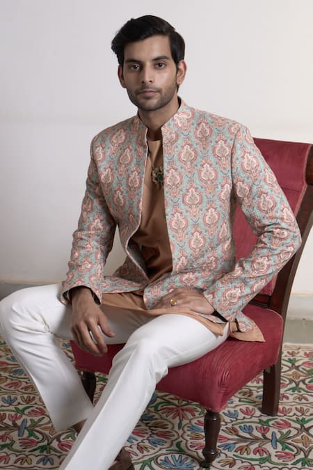 Gargee Designers_Green Polyester, Cotton Embroidery Dahliya Mehtaab Bandhgala Pant Set _at_Aza_Fashions