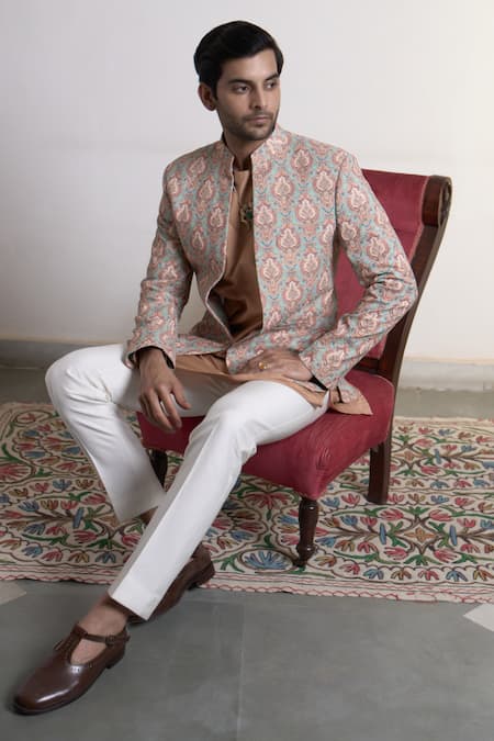 Buy_Gargee Designers_Green Polyester, Cotton Embroidery Dahliya Mehtaab Bandhgala Pant Set 