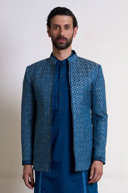 Gargee Designers_Blue Polyester, Jacquard Embroidery Neelam Chakor Bandhgala Pant Set _Online_at_Aza_Fashions