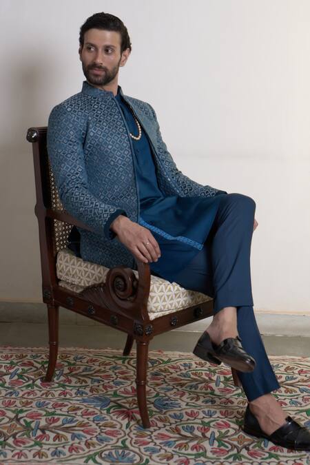 Shop_Gargee Designers_Blue Polyester, Jacquard Embroidery Neelam Chakor Bandhgala Pant Set _Online_at_Aza_Fashions