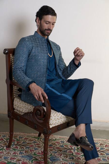 Gargee Designers_Blue Polyester, Jacquard Embroidery Neelam Chakor Bandhgala Pant Set _at_Aza_Fashions
