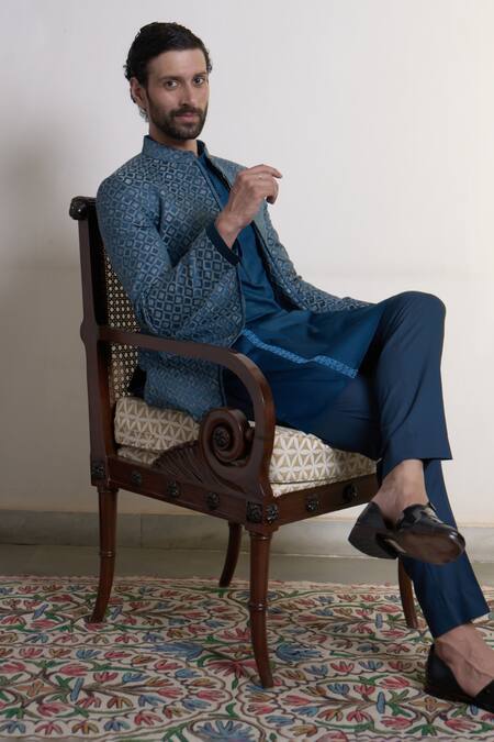 Buy_Gargee Designers_Blue Polyester, Jacquard Embroidery Neelam Chakor Bandhgala Pant Set 