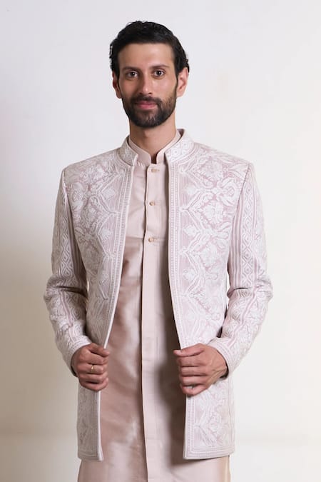 Gargee Designers_Peach Suede, Cotton Satin, Cotton, Silk Badami Prabeer Bandhgala Pant Set _Online_at_Aza_Fashions