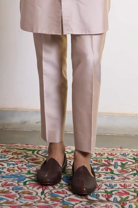 Buy_Gargee Designers_Peach Suede, Cotton Satin, Cotton, Silk Badami Prabeer Bandhgala Pant Set _Online_at_Aza_Fashions