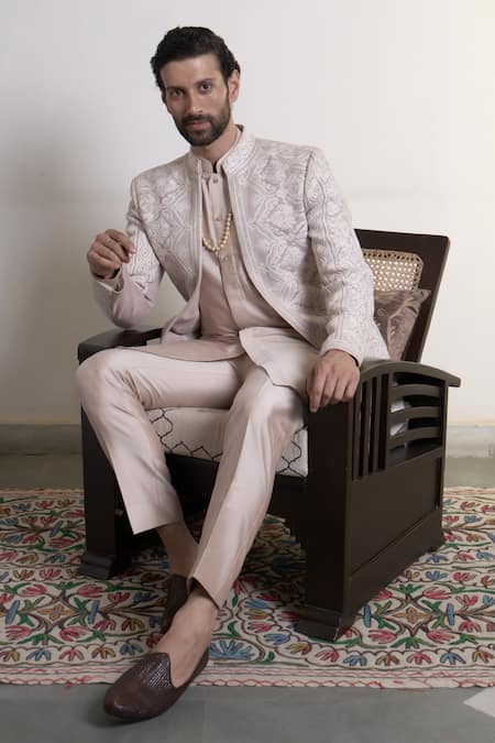 Shop_Gargee Designers_Peach Suede, Cotton Satin, Cotton, Silk Badami Prabeer Bandhgala Pant Set _Online_at_Aza_Fashions