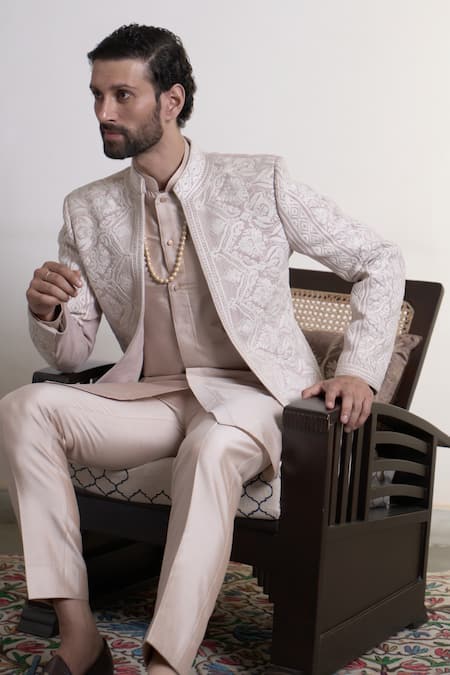 Gargee Designers_Peach Suede, Cotton Satin, Cotton, Silk Badami Prabeer Bandhgala Pant Set _at_Aza_Fashions