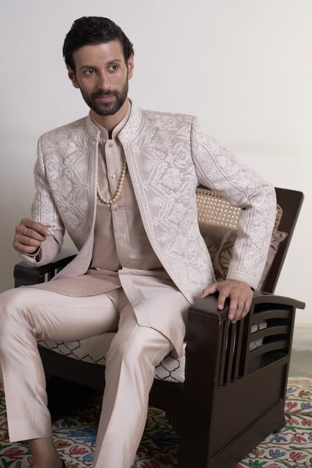 Buy_Gargee Designers_Peach Suede, Cotton Satin, Cotton, Silk Badami Prabeer Bandhgala Pant Set 