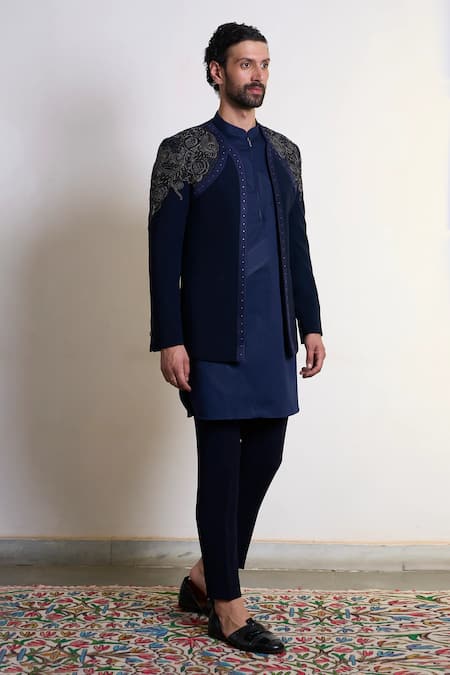 Gargee Designers Navy Blue Bandhgala Pant Set 