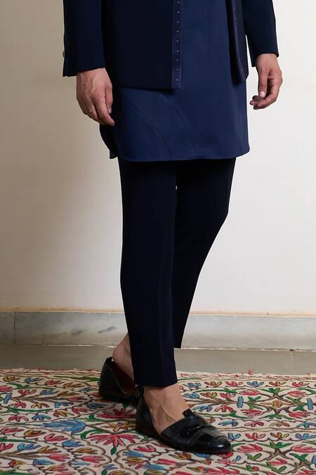 Gargee Designers_Blue Suede, Cotton Studs Navy Bandhgala Pant Set _Online_at_Aza_Fashions