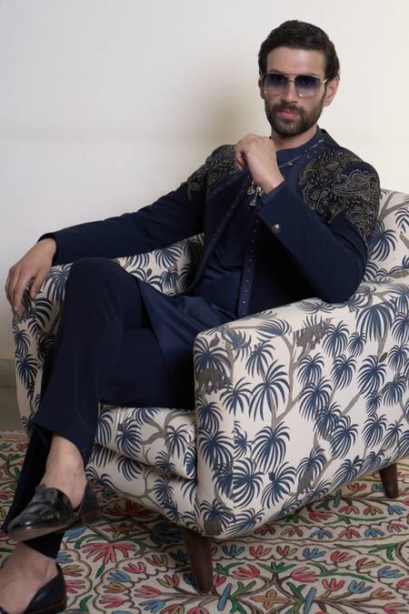 Shop_Gargee Designers_Blue Suede, Cotton Studs Navy Bandhgala Pant Set _Online_at_Aza_Fashions